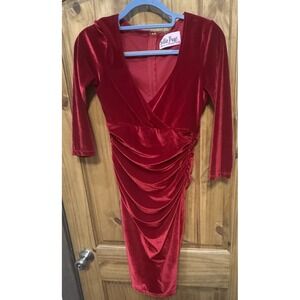 Bettie Page‎ Queen Of Pinups Red Velvet Ruched Bodycon Dress M Retro Rockabilly